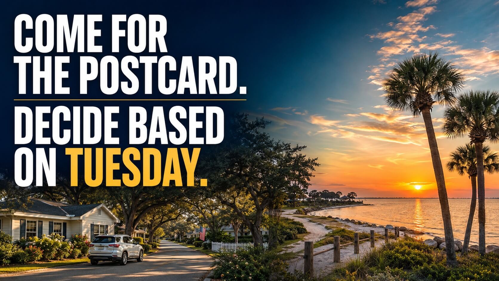 Quiet Tarpon Springs neighborhood beside a Gulf Coast sunset with the words “Come for the postcard. Decide based on Tuesday.”