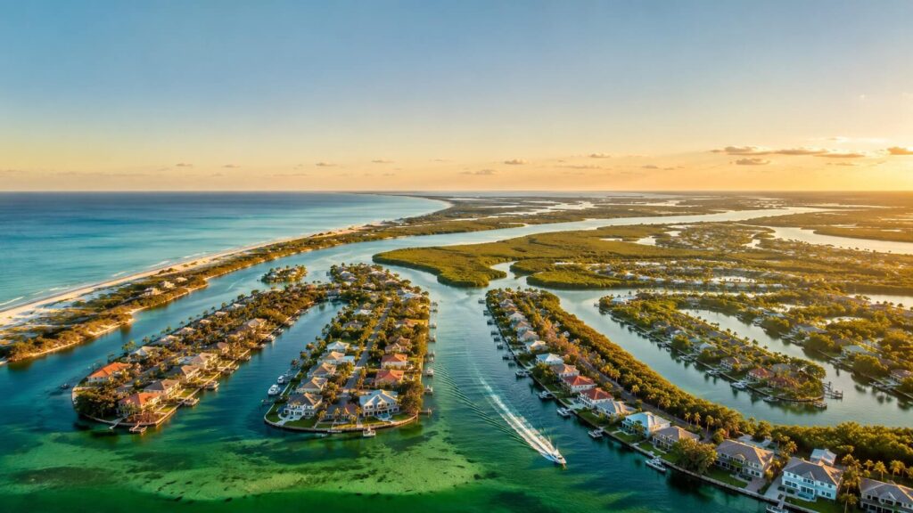 Aerial view of Nature Coast Florida at Golden Hour, showing finger islands, winding canals, waterfront homes with private docks, emerald-green waters, salt marshes, and the barrier islands of Florida's Nature Coast at golden hour.