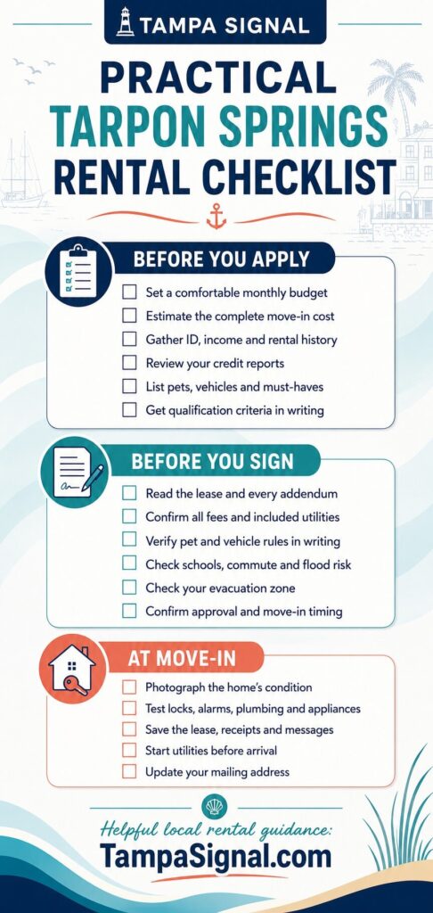 Practical Tarpon Springs rental checklist covering what to do before applying, before signing a lease and at move-in for Tarpon Springs Renter Resources