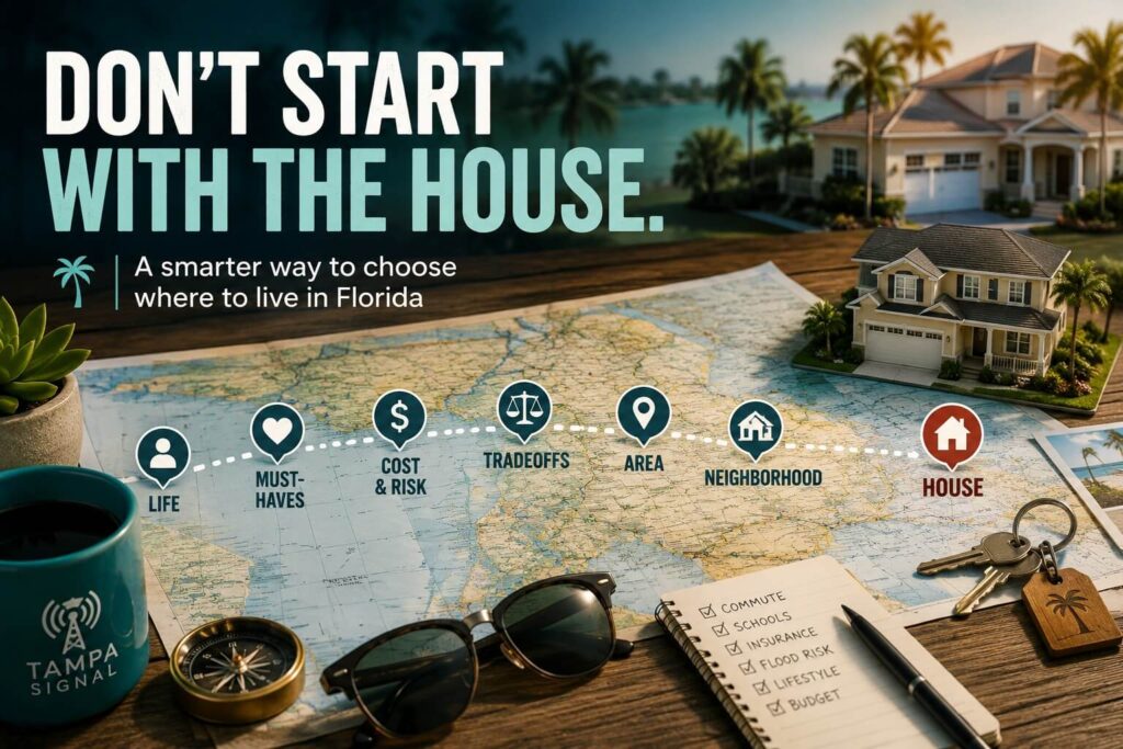 Moving to Florida relocation planning graphic showing life, must-haves, costs, tradeoffs, area, neighborhood and house