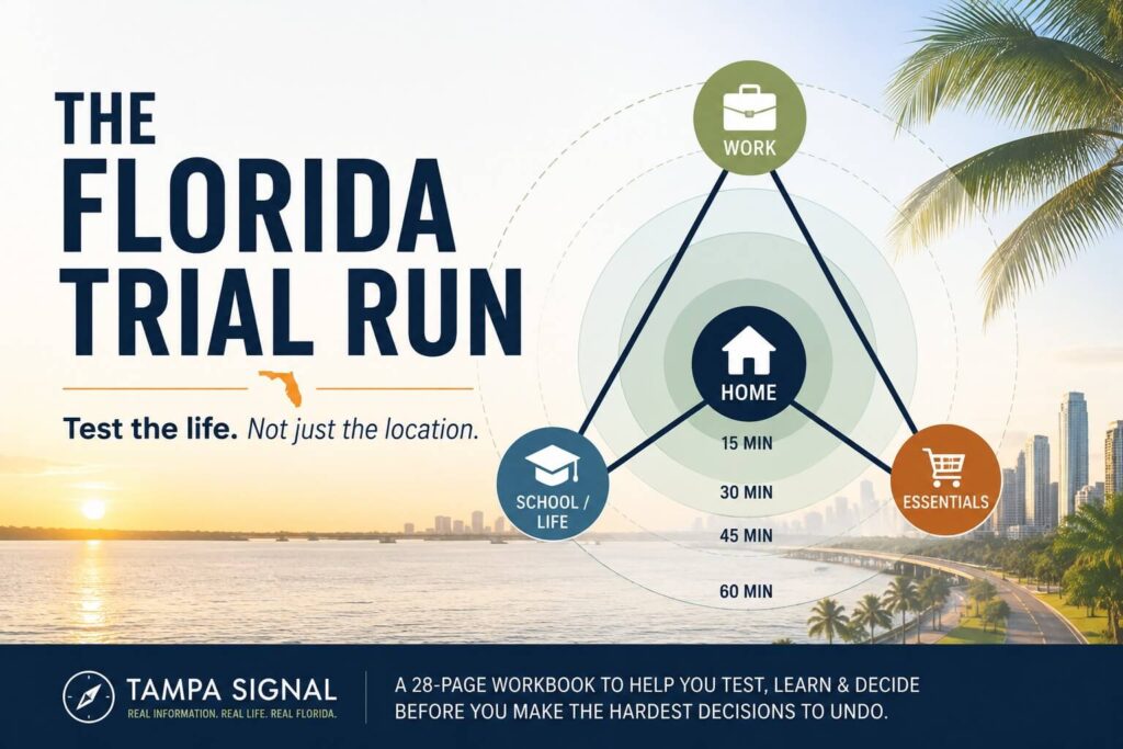 Florida Trial Run infographic showing home, work, school, and everyday essentials around a Florida lifestyle map